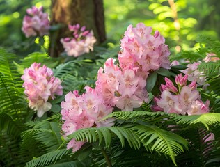 Fototapeta premium Pink Rhododendron Blooms with Green Ferns