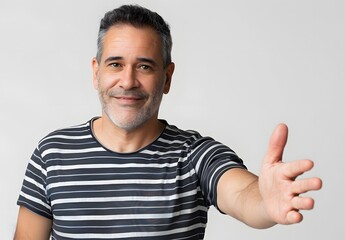 Fototapeta premium Handsome Middle-Aged Man Offering Handshake in Striped T-Shirt