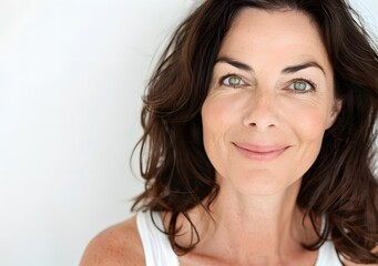 Fototapeta premium Happy Middle-Aged Woman Smiling with Perfect Skin on White Background