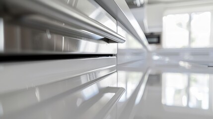 Fototapeta premium A close-up image showcasing the sleek and contemporary design of modern kitchen cabinetry, with a focus on the stainless steel handle and glossy white finish