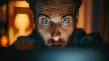 A closeup photo of a man with a beard, surprised and staring at his computer screen with wide-open eyes. He is likely reacting to something he has seen on the screen