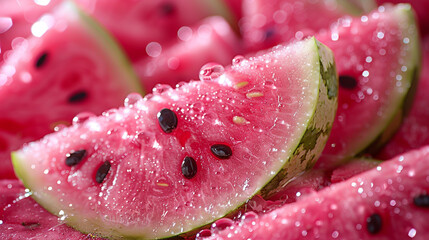 A close-up shot of sliced watermelon pieces being splashed with water, creating a refreshing scene.