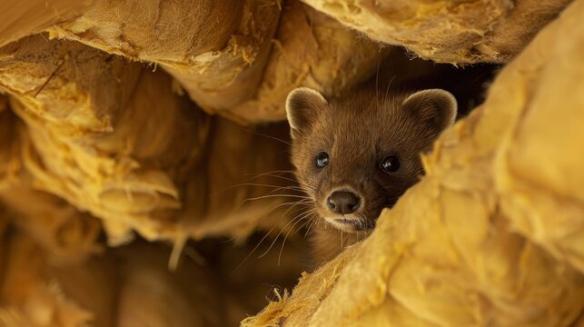 A close-up photo of a curious marten peeking out from between insulation in an attic. Its dark eyes and inquisitive expression are captured in this captivating image
