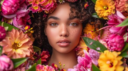 A close-up photograph of a young woman surrounded by a vibrant array of flowers, showcasing her beautiful face and captivating expression