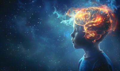 Obraz premium Side View of Boy's Head with Glowing Brain on Dark Blue Background