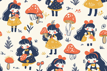A whimsical pattern with cute girls and mushrooms. The seamless design features characters in different poses, surrounded by flora, creating a charming and playful feel.