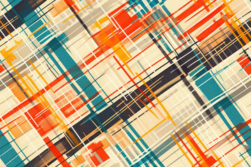Fototapeta premium This seamless pattern features an intricate grid of intersecting lines in vibrant colors, creating a dynamic and modern look.