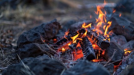 A close-up photograph capturing the fiery heart of a campfire in a wild, natural environment. The image showcases the flames dancing amidst rugged rocks and dry grasses