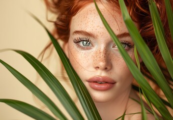 Fototapeta premium Beautiful Red-Haired Woman with Palm Leaves in Skincare Poster