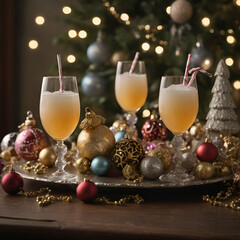 Bubbles in the air, Three glasses with festive light, Baubles everywhere.