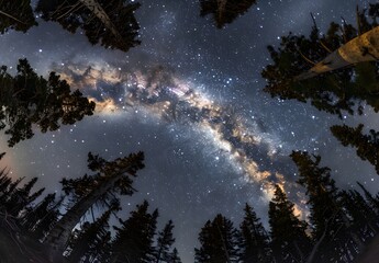 Milky Way Galaxy Over Pine Forest Night Sky