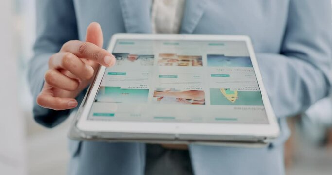 Businesswoman, hands and scroll on tablet for research, online and planning for team building. Female person, screen and activities for company productivity, website and ideas for solidarity boost