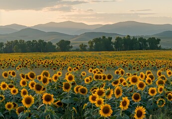 Sunlit Sunflower Field at Sunset with Mountain Background