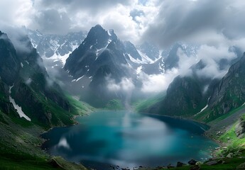 Fototapeta premium Mystical Mountain Lake With Fog & Snow Peaks