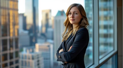 A female executive stands confidently with her arms crossed, gazing out a large window in a highrise office overlooking a cityscape