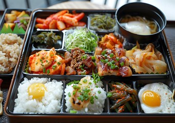 Japanese Bento Box with Various Dishes