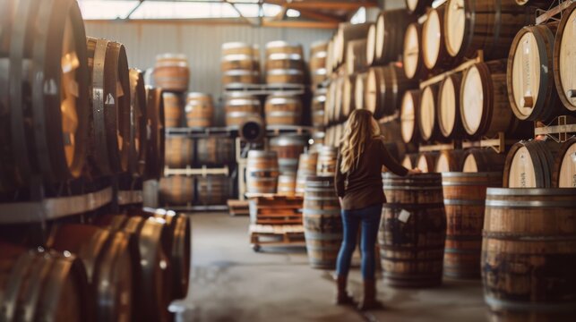 A wide-angle shot of a cooperage workshop, showcasing a female cooper standing among stacks of newly crafted wooden barrels