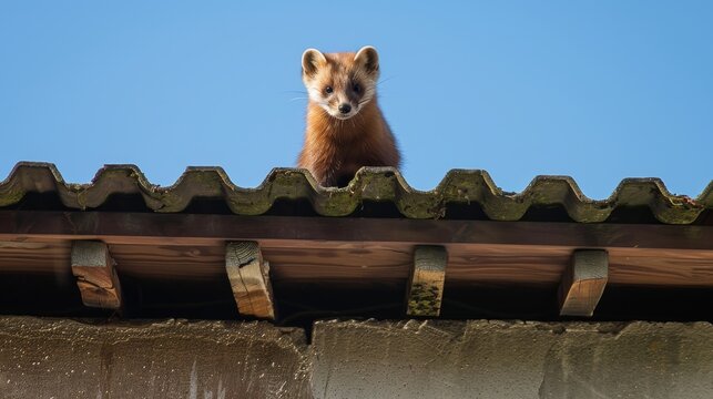A wide-angle photo of a marten perched on a corrugated rooftop, looking directly at the camera against a backdrop of clear blue sky