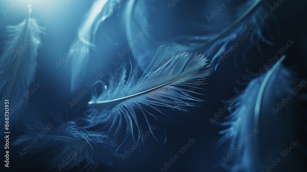 Poster a close-up view of feathers floating in air illuminated by soft blue light