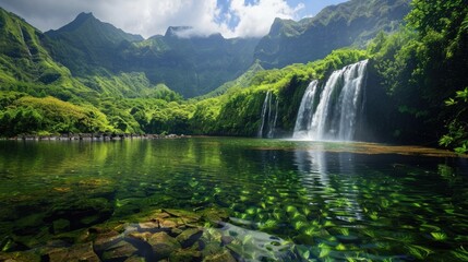Mountain range covered in lush greenery with a crystal-clear waterfall.