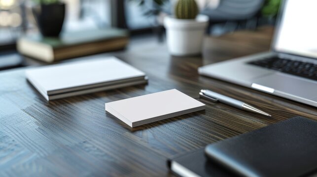A close-up image of a modern office desk featuring a blank business card mockup, a laptop, a pen, and a notepad