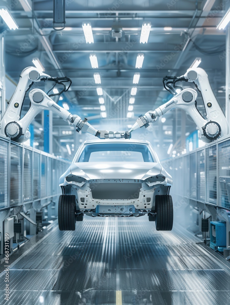 Poster robotic painting systems efficiently apply paint to a car body in a modern automotive painting shop.