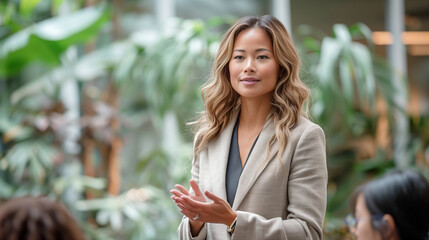 A woman in a beige blazer smiles confidently as she addresses a group of people in a lush indoor garden setting