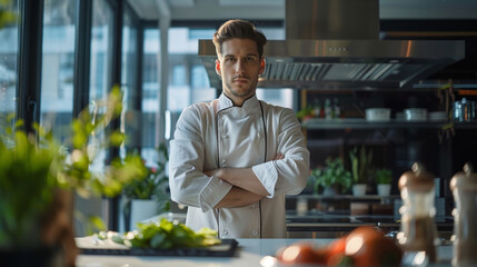 Realistic photo of head chef working professionally in modern kitchen area. Model chef posing with professional cofident attitude in a private design project with perfect natural lighting environment.
