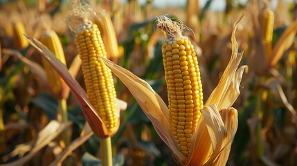 Many ears of corn are growing in the field very detailed and realistic shape