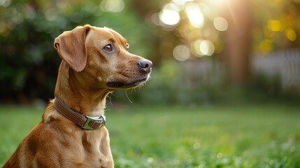 A brown dog with a leather collar sits in a grassy field, looking intently to the side. The sun shines in the background.