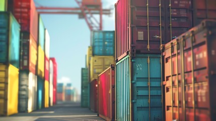 Fototapeta premium A colorful row of shipping containers at a busy port with a crane in the background.
