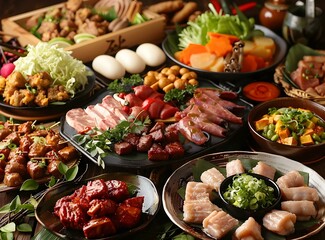 Japanese Cuisine Food Platter with Variety of Meats