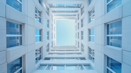 Fototapeta premium cubist modern architecture of white skyscraper seen from ground to the sky