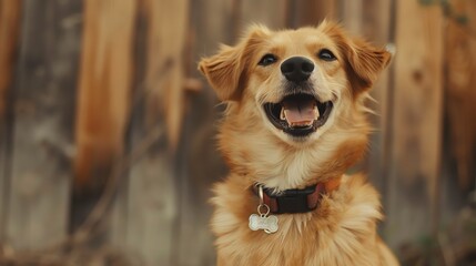 A happy golden retriever dog with a brown collar looks up with a smile.