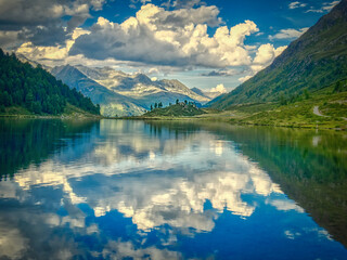 View on Obersee lake and mountains above Defereggental valley on a summer day