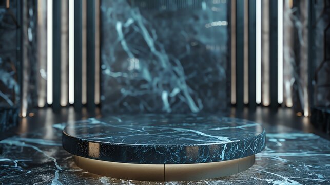 A minimalist podium with a marble finish, set against a backdrop of vertical lines and dark marble. The podium is perfect for showcasing products.
