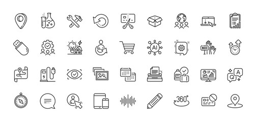 Cogwheel, Share and Spanner tool line icons pack. AI, Question and Answer, Map pin icons. Usb stick, Open box, Analytics graph web icon. Scroll down, Sound wave, Teamwork pictogram. Vector