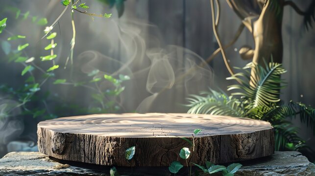 A rustic wooden stump in a lush green forest setting with sunlight shining through the foliage.  photo