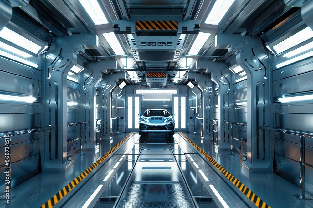 Poster a sleek, futuristic car painting shop with a robotic system and a single car in the center. generati