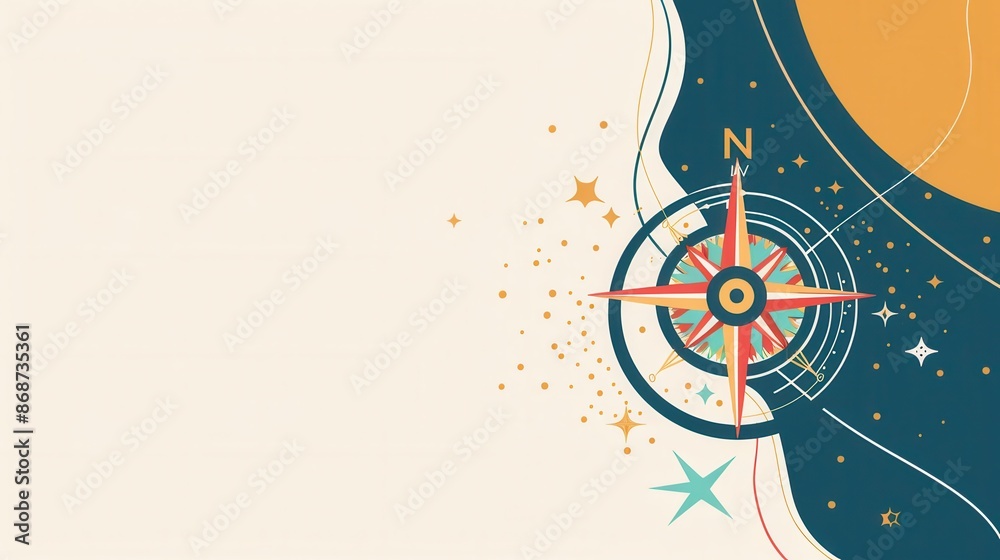 Leinwandbilder a simple and symbolic illustration featuring a compass, stars, and swirls on a beige background. thi
