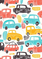 Retro cars pattern, summer roadtrip concept, linocut vintage style illustration