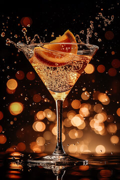 Glass with citrus alcohol splashing cocktail on a dark background, bar or restaurant drink concept menu