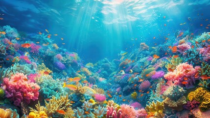 Fototapeta premium Coral reef ecosystem teeming with colorful marine life, ocean ecology