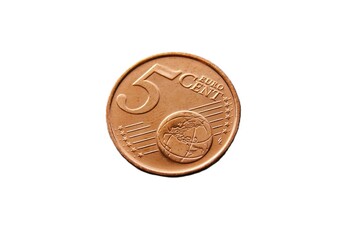Eurozone new 5 cent coin on white isolated background.