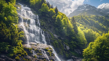 Fototapeta premium Scenic mountain landscape with vibrant green trees and a cascading waterfall.