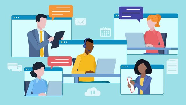 Online employee chat. A few people at a team meeting. Characters appear on online application tiles. They work and discuss relevant tasks among themselves. Flat style animation. Video clip.