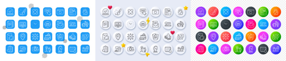 Online documentation, Online video and Fake information line icons. Square, Gradient, Pin 3d buttons. AI, QA and map pin icons. Pack of Rating stars, Creative idea, Recovery internet icon. Vector