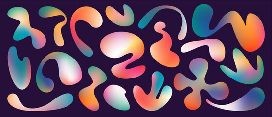 Liquid abstract organic blob shapes, silhouettes. Relax, colorul fluid  elements. Bubbles and drops in trendy y2k style. Spots, drops set. Soft gradient texture