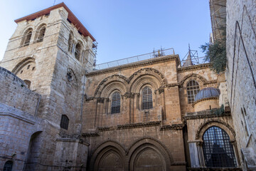 The historic gates of Church of the Holy Sepulchre (Church of the Resurrection) in Jerusalem Old City, Israel. 