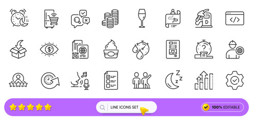 Update time, Analysis graph and Engineer line icons for web app. Pack of Coffee vending, Execute, Diesel station pictogram icons. Qr code, Coins, Human rating signs. Journey path. Search bar. Vector